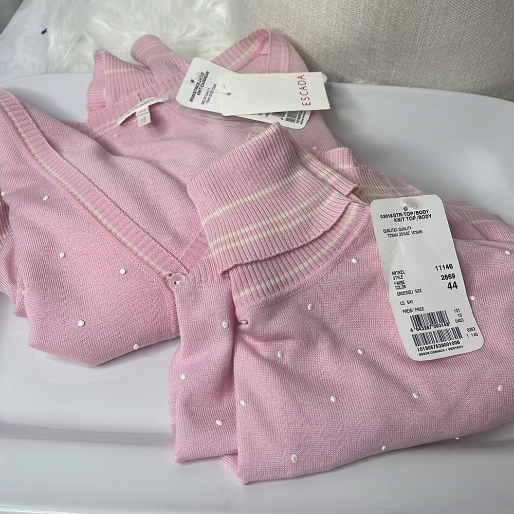 ESCADA PINK SILK CASHMERE WOOL POLKA DOT CARDIGAN SET VINTAGE - Picture 10 of 11